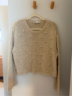 ZARA Cream Textured Pom-Pom Crewneck Sweater